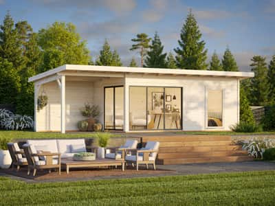 Log Cabin Garden House Andrea Slide Plus Canopy 9.0m x 3m — Cabins & Studios
